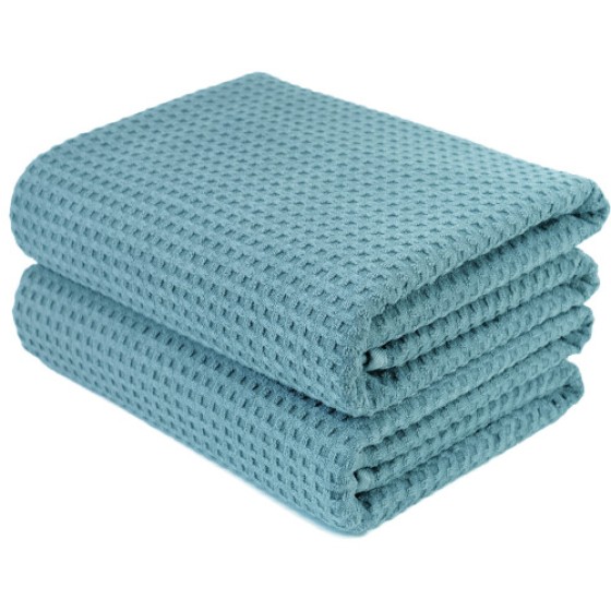 POLYTE Microfiber Oversize Bath Towel, Quick-Dry, Lint-Free, 60 x 30 Inches, Set of 2, Green Honeycomb Weave